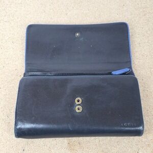 Lodis Women's Black Leather Trifold Wallet with Blue Trim‎ and Coin Zipper